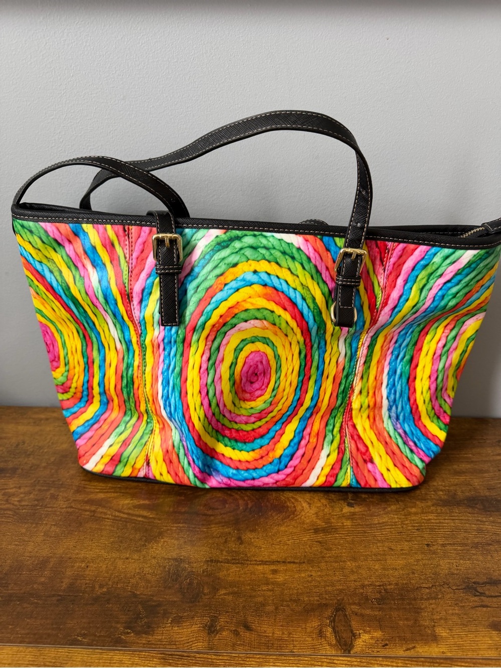 Neon‎ Rainbow Braided Yarn Print Large Zip Top Shopper Tote Multicolor Travel